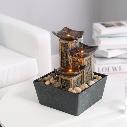 GOSSI Indoor Waterfall Fountain, 10.3" Tabletop Water Fountain with LED Lights & River Rocks, Relaxing Home Office Decor
