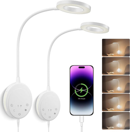 Wall Mounted Reading Light, Bedside Headboard Lights with 5 Color Temperature & 5 Dimming, 360 Flexible Gooseneck, USB Output, Night Light & Timer Function - Perfect for Reading (Black)