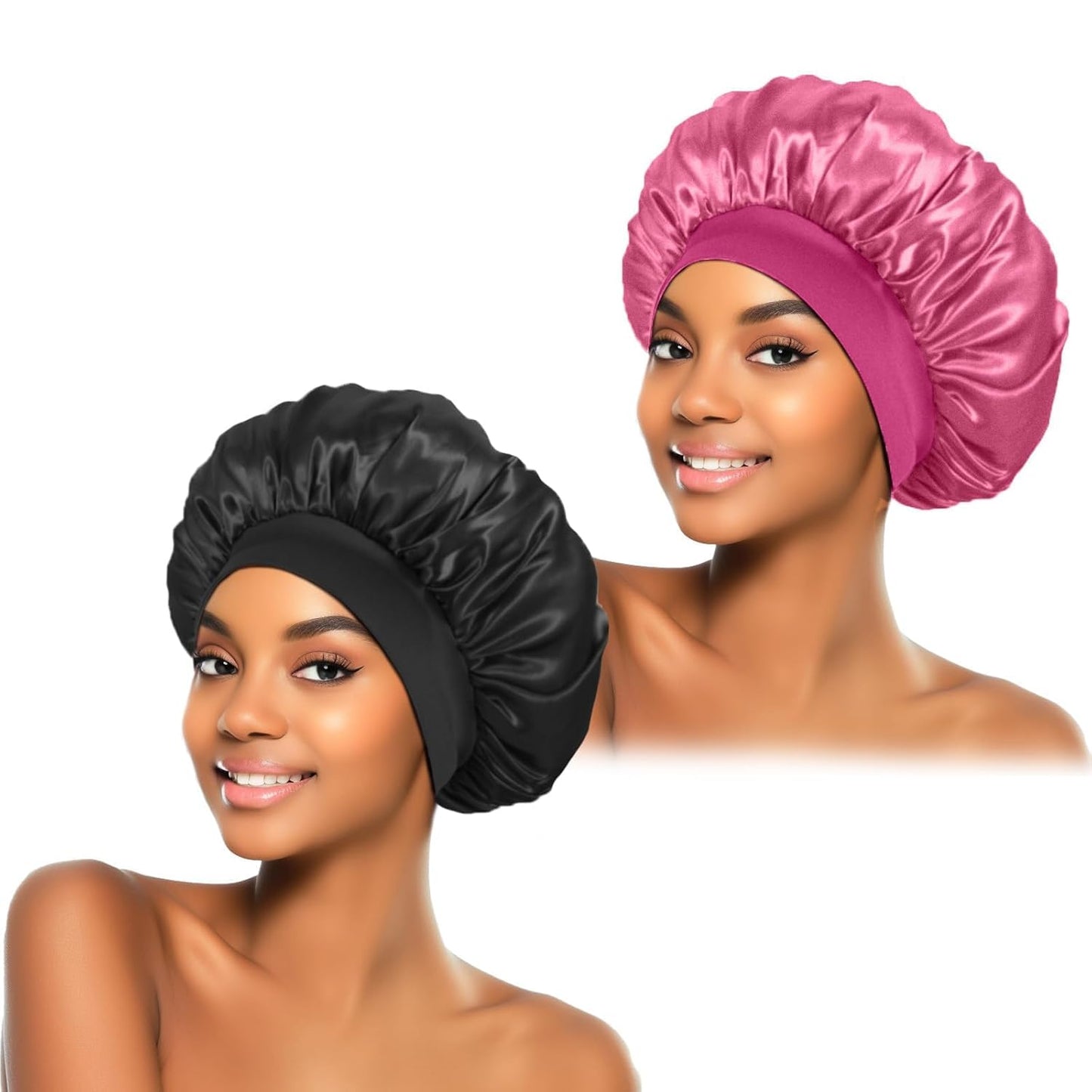 ZHENSILK 2Pcs Silk Bonnet for Sleeping, Satin Hair Bonnets, Soft Elastic Band Silk Sleep Cap, Hair Wrap for Women (Black Gold)