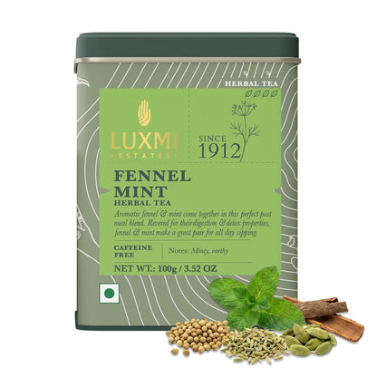 Luxmi Estates Fennel Mint Herbal Tea | Loose Leaf in Resealable Tin Caddy 100g (3.5oz, ~50 Cups) | 5-Herb Ayurvedic Digestive Blend with Fennel, Peppermint, Coriander Seed, Cardamom & Cinnamon, Caffeine-Free