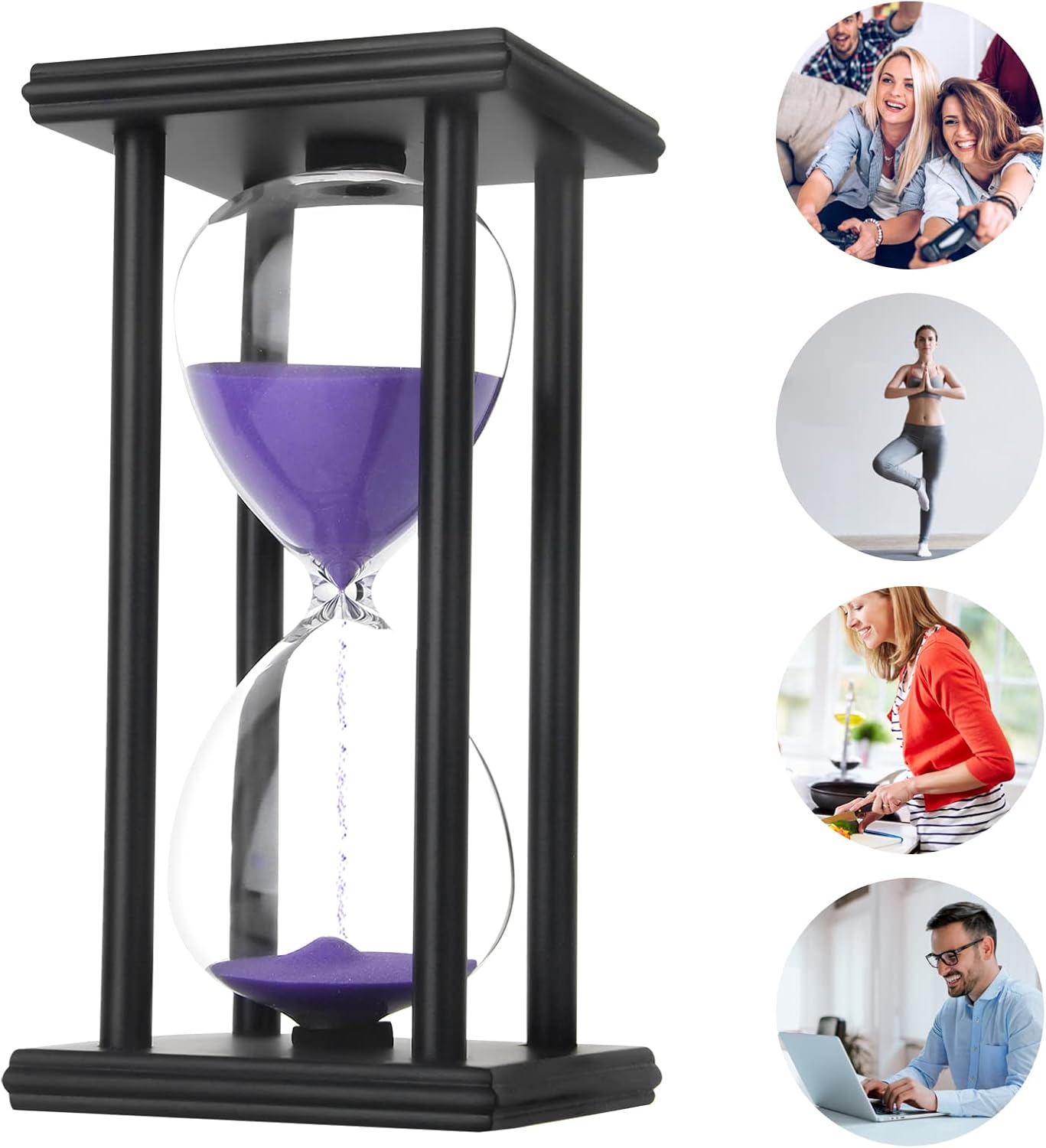 Hourglass Sand Timer,Black Wooden 30/45/60 Minute Sandglass Timer for Home,Desktop,Classroom Kitchen Restaurant Office Living Room Decor (30 Min, Purple Sand)