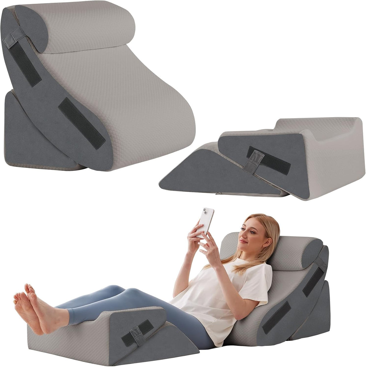 Ahpmeoa 5Pcs Wedge Pillow Set for After Surgery, Memory Foam, White/Grey