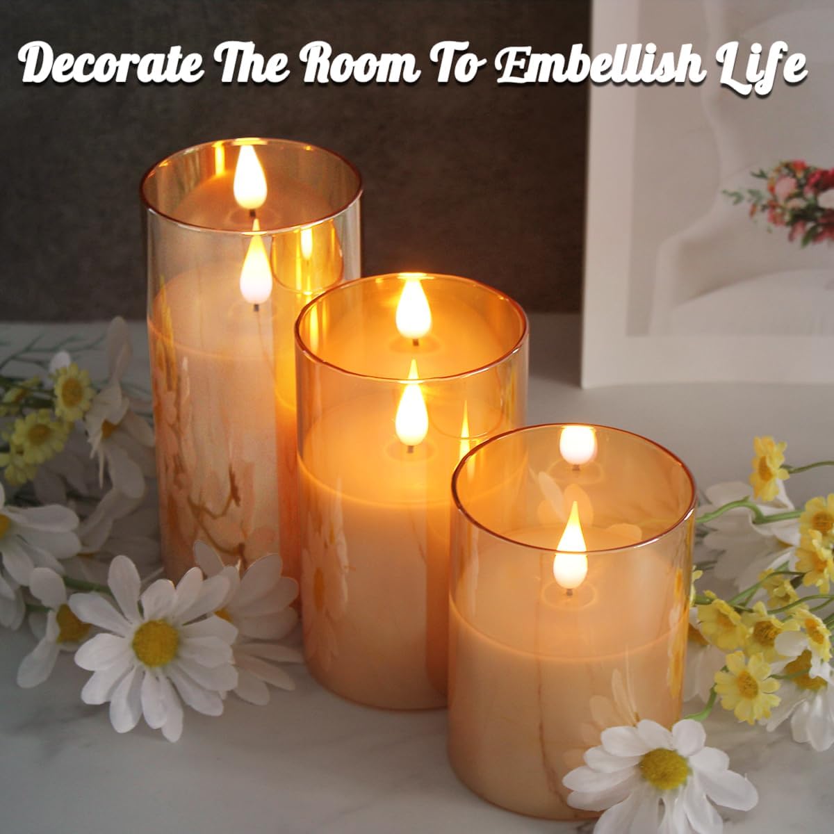 LEDHOLYT Rechargeable Flameless Glass Pillar Candles–Gifts for Women,–Set of 3, Realistic Flickering LED Flame,Remote & Timer, Ideal for Living Room, Bedroom & Halloween Festival Home Party Decor