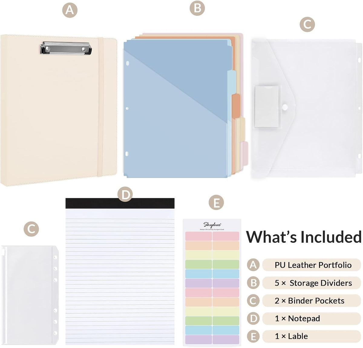 SKYDUE 3 Ring Binder with Clipboard, 13.2" × 10.2" Faux Leather 1 Inch Binder Organizer with 5 Pocket Dividers, Notepad, Labels & 2 Storage Pockets for Teachers, Students, Nurses & Office Work
