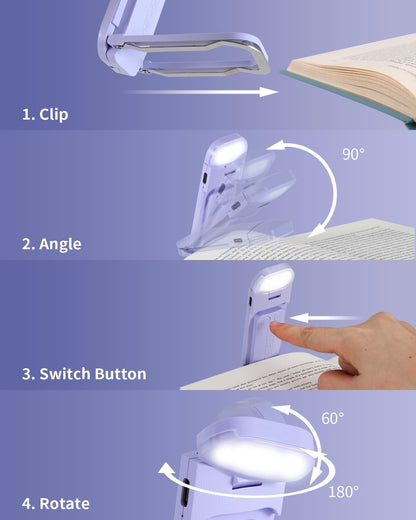 HEMONNKAM Book Reading Light, Rechargeable Clip on Booklight, Eye Caring 3 Color Temperatures & 5 Brightness Levels, Night Use for Bed, Long Lasting, Reading at Night in Bed, Purple