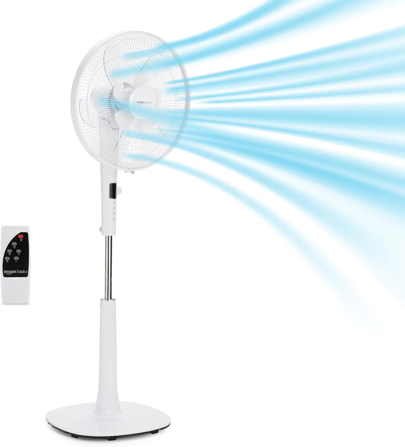 Amazon Basics 16" Pedestal Fan with Remote for Bedroom, Living Room, Office, Adjustable Height, Dual-Layered Blades, 3 Speeds, 3 Modes, Timer, Tilt Head, 60W, Black