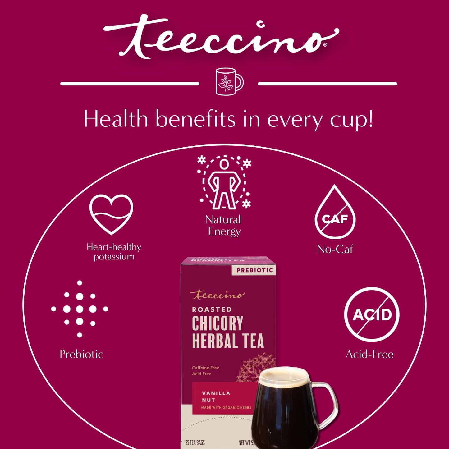 Teeccino Holiday Herbal Tea Sampler Assortment - Candy Cane, Gingerbread, Snickerdoodle - Caffeine-Free Holiday Dessert Teas with Prebiotic Chicory, 12 Tea Bags