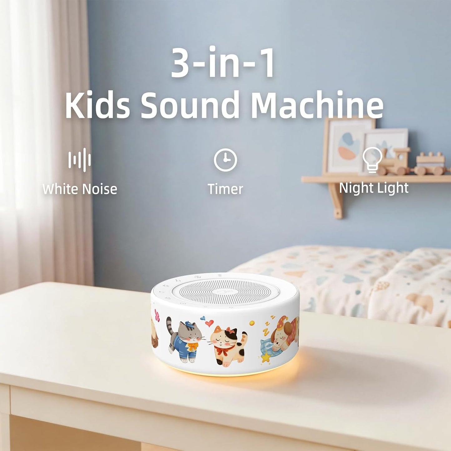 Kipcush White Noise Machine for Baby & Adults, 30 Soothing Sounds, Soft Non-Glare Nursery Lamp, 8 Color Night Lights, Memory Function (Angel V1 White, Standard)