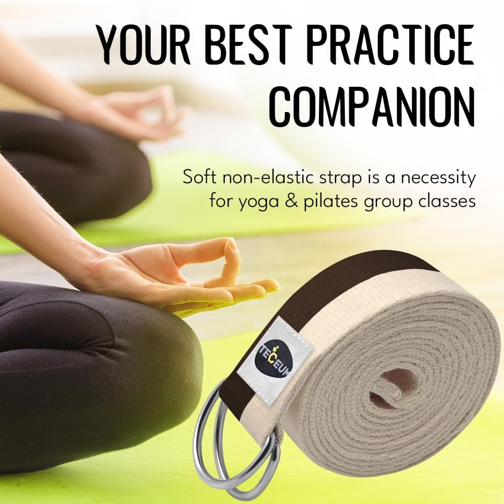 TECEUM 2 IN 1 Yoga & Mat Strap for Stretching – Cotton – 6/8/10 ft | Adjustable Non-Slip Belt in 30+ Colors for Yoga, Pilates, Physical Therapy, Fitness, Home Workouts and Carrying Mats