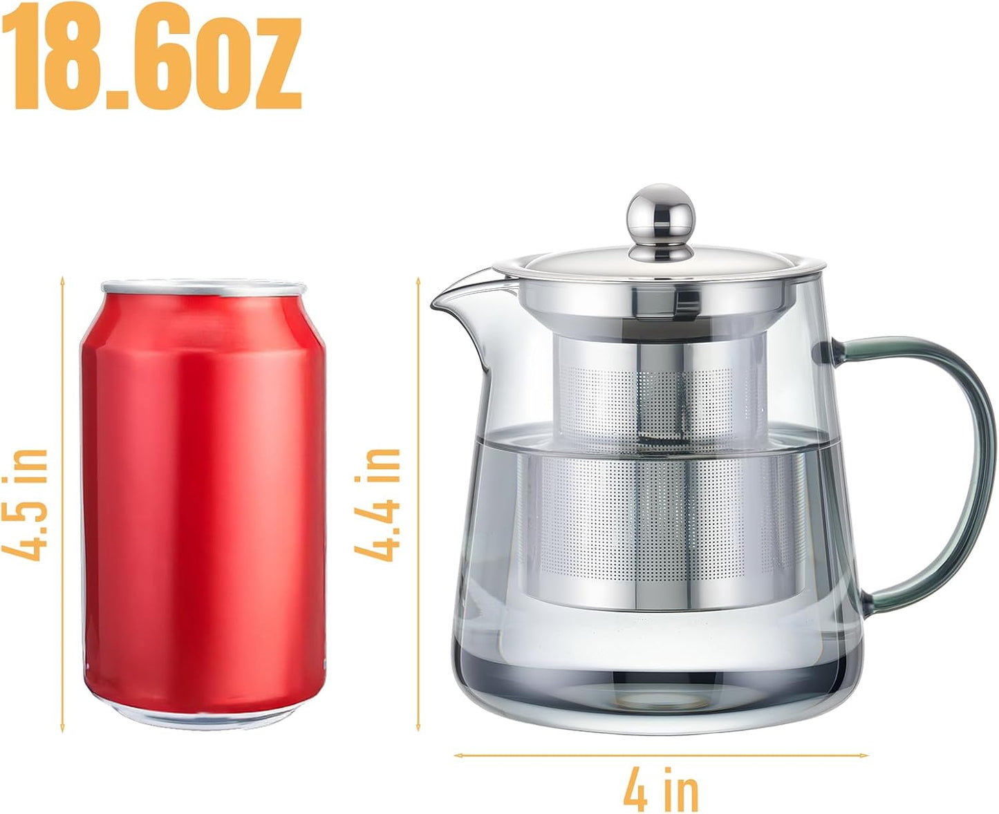 PARACITY Glass Teapot Stovetop 18.6 OZ, Borosilicate Clear Tea Kettle with Removable 18/8 Stainless Steel Infuser, Teapot Blooming and Loose Leaf Tea Maker Tea Brewer for Camping, Travel (550ML)