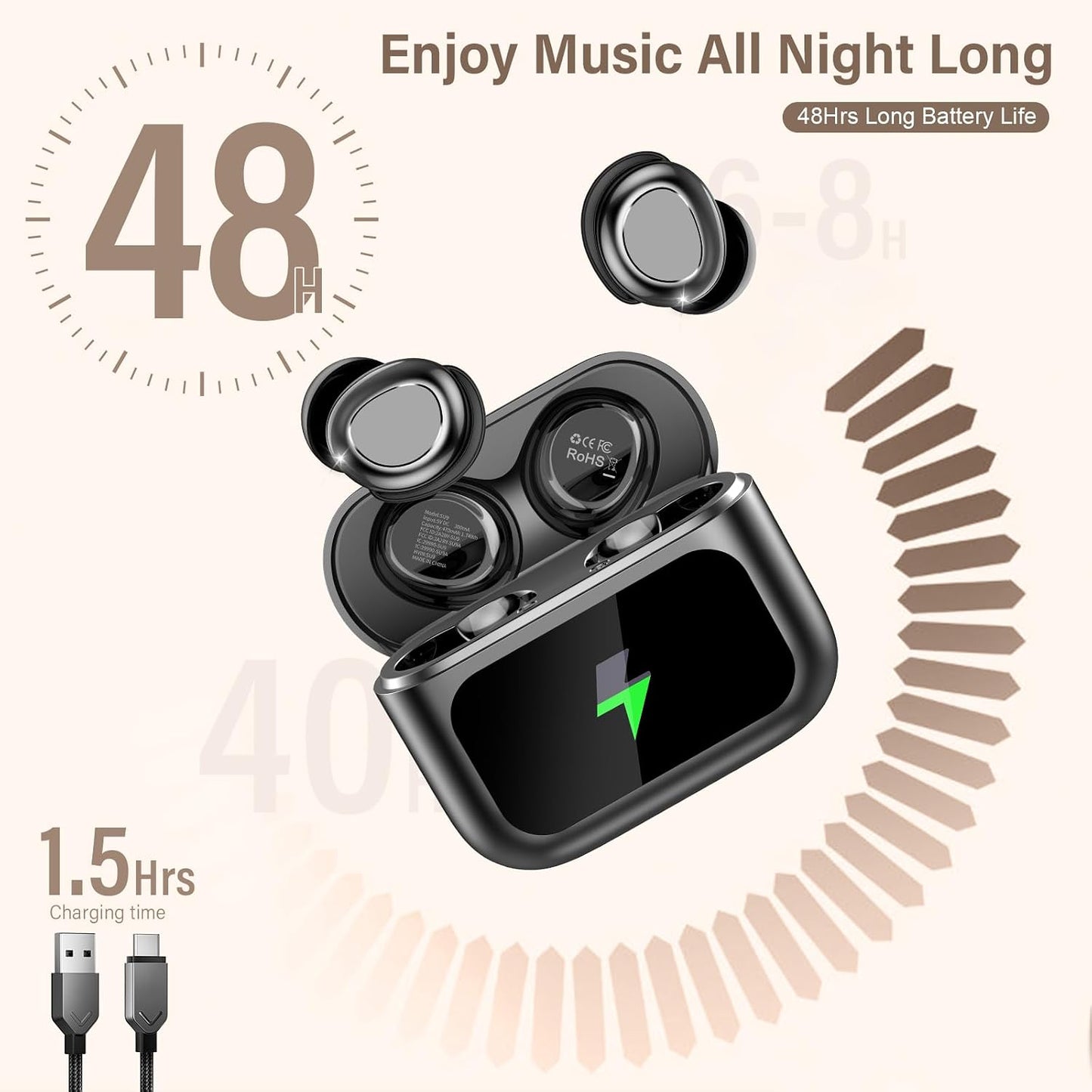 Sleep Earbuds Bluetooth 5.4 in Ear Touch Screen Sleep Headphones, Small Design Mini Sleep Earbuds for Side Sleepers with Sleep Mode, 48H Playtime Sleep Earphones Clear Calls, Raven Black