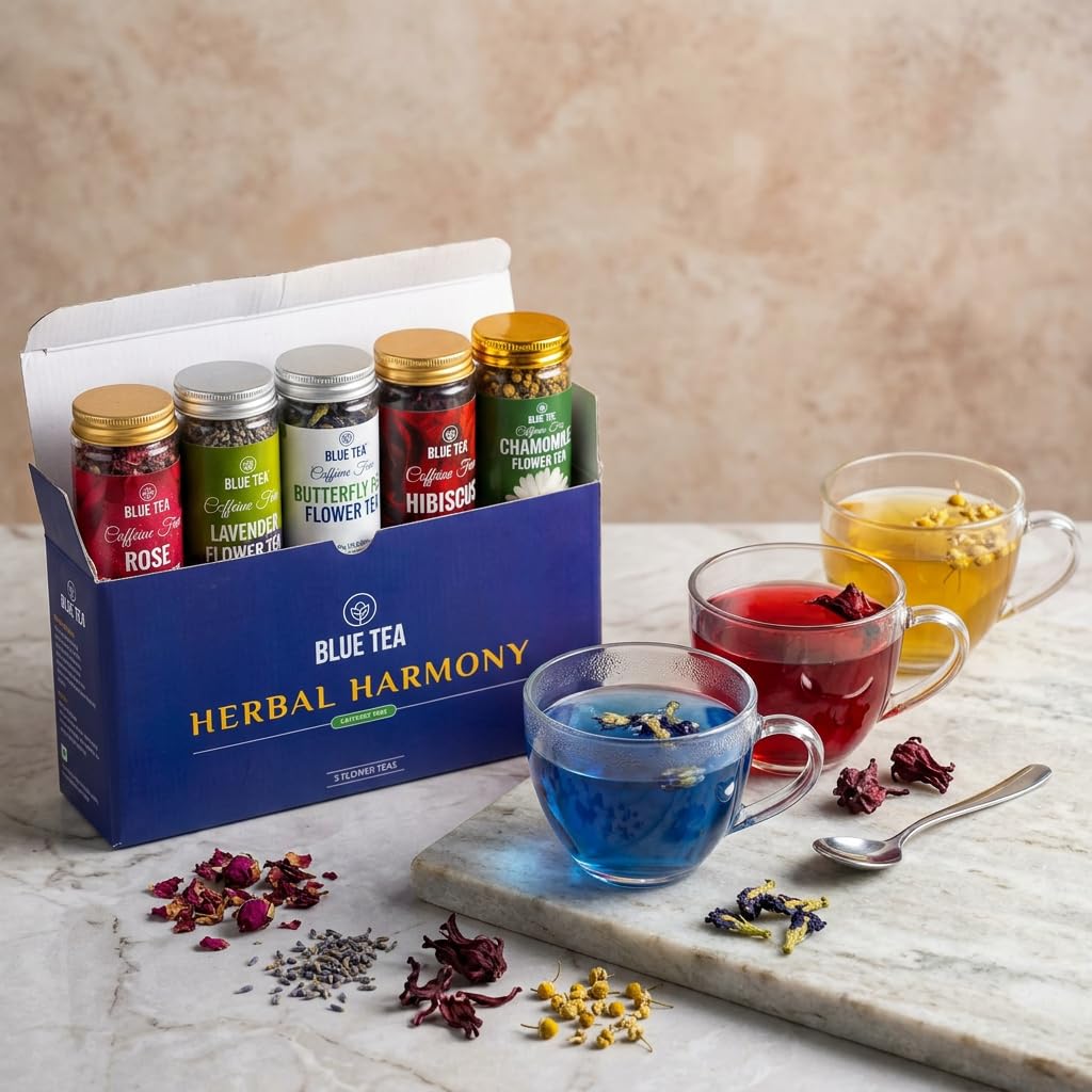 BLUE TEA - Flower Tea Combo - 5.64 Oz (Pack of 5) | Butterfly Pea, Rose, Hibiscus, Chamomile, Lavender | VARIETY PACK | Caffeine Free - Non-Bitter - Herbal Tea - Flower Based | Pet Jar Pack