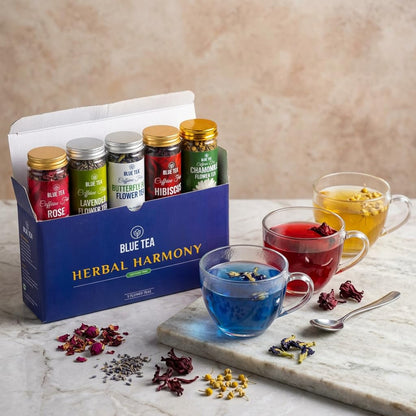 BLUE TEA - Flower Tea Combo - 5.64 Oz (Pack of 5) | Butterfly Pea, Rose, Hibiscus, Chamomile, Lavender | VARIETY PACK | Caffeine Free - Non-Bitter - Herbal Tea - Flower Based | Pet Jar Pack