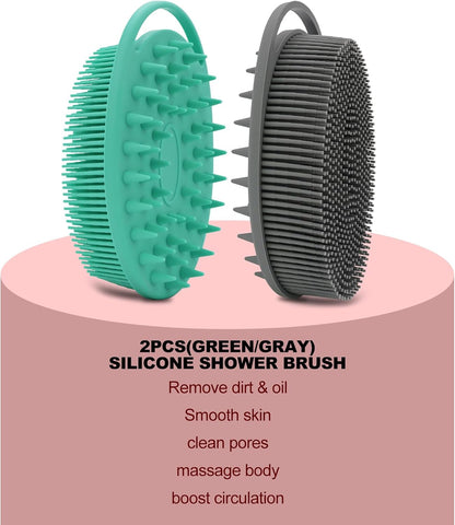 2 Pack Silicone Body Scrubber, Loofah Double-Sided Body Brush,Shower Scrubber and Scalp Massager Shampoo Brush for Sensitive Kids Women Men All Kinds of Skin (Black & Pink)