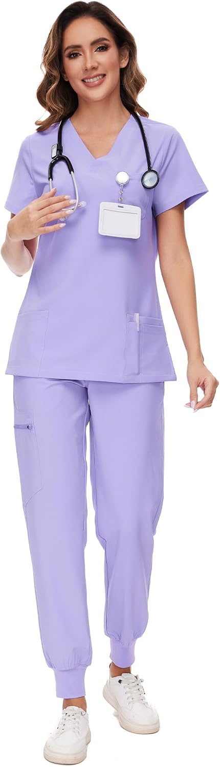 COZYFIT Scrubs for Women Set - Stretch V-Neck Scrub Top & Jogger Pant with 8 Pockets COZY SCRUBS - Colors D