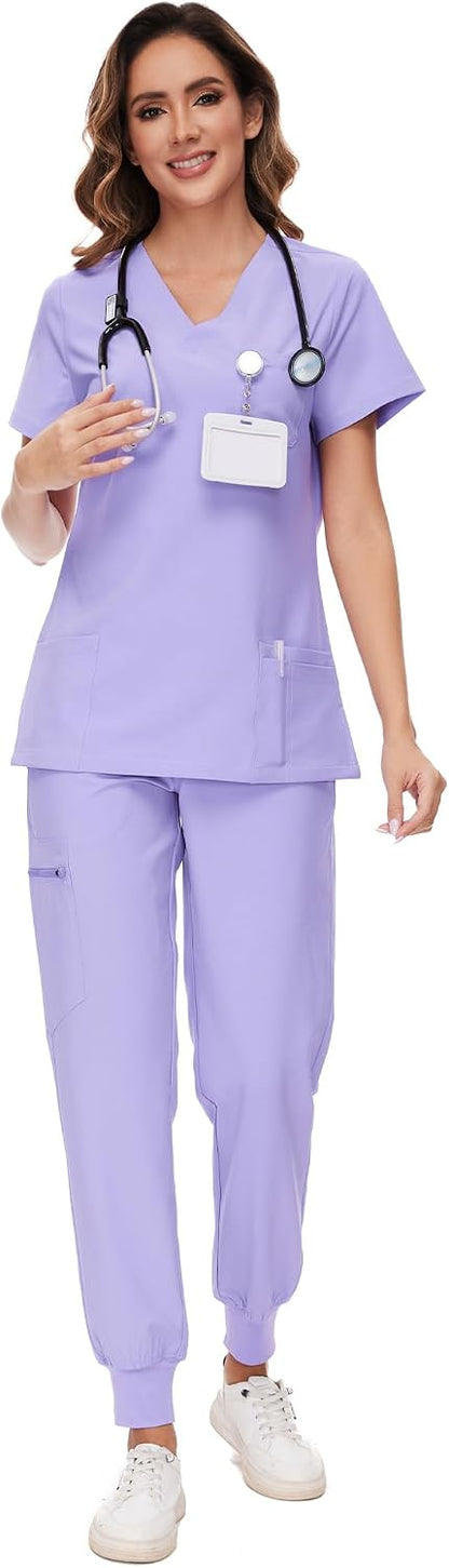 COZYFIT Scrubs for Women Set - Stretch V-Neck Scrub Top & Jogger Pant with 8 Pockets COZY SCRUBS - Colors D