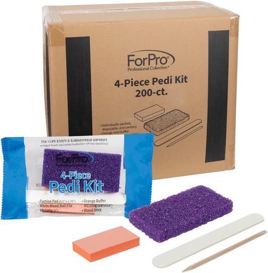 ForPro 4-Piece Pedi Kit, 100-Count, Individually-Packed Pedicure Set, Purple Pumice Pad, White Wood Nail File 80/100 Grit, Orange Mini Buffer 80/100 Grit, Wood Stick