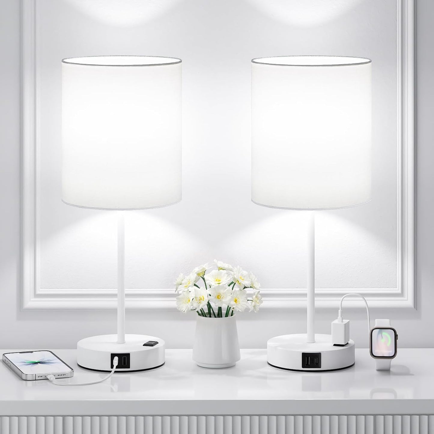 Blue Touch Lamps for Nightstand Set of 2 - Bedside Table Lamp for Bedroom with Dual USB Ports & AC Outlet, 3-Way Dimmable Lamps for Living Room Boys Room, Night Light with 5000K Daylight Bulbs