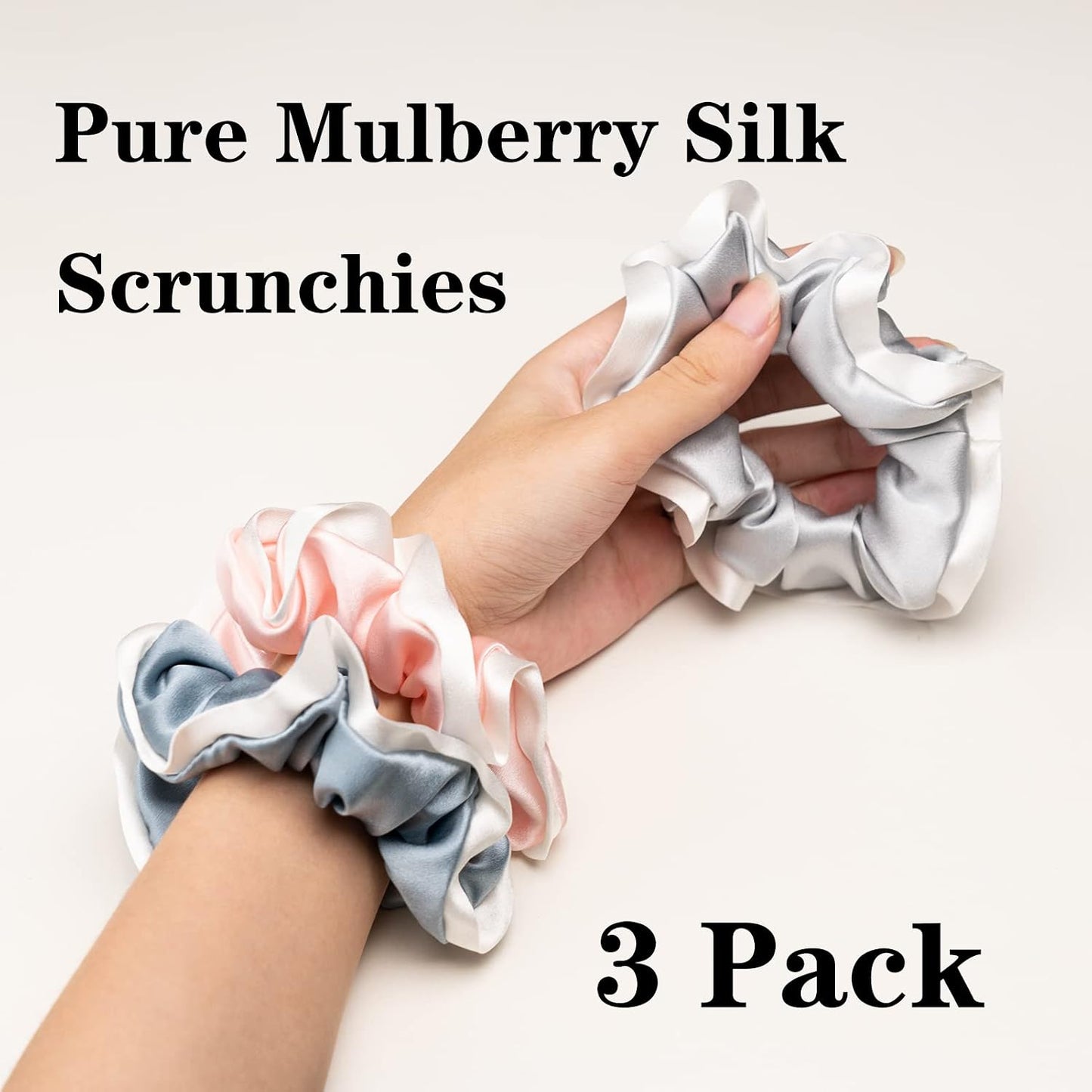 Silk Scrunchies for Hair 100% Mulberry Silk Hair Ties 3 Pack(Black, Navy Blue, Emerald)
