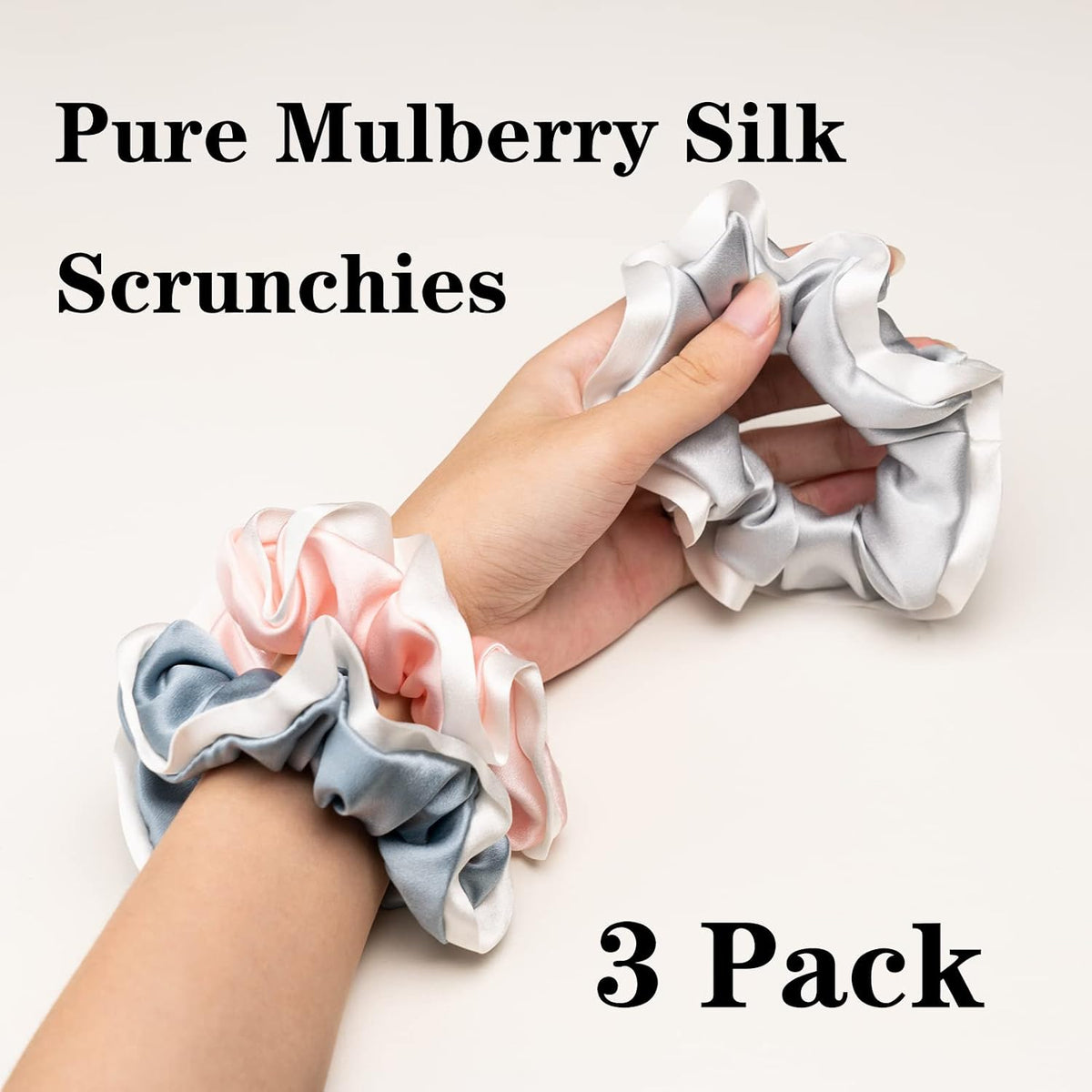 Silk Scrunchies for Hair 100% Mulberry Silk Hair Ties 3 Pack(Black, Navy Blue, Emerald)