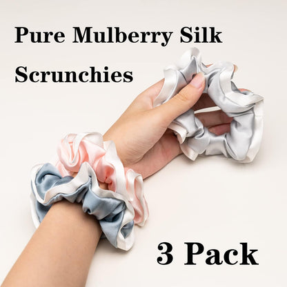 Silk Scrunchies for Hair 100% Mulberry Silk Hair Ties 3 Pack(Black, Navy Blue, Emerald)