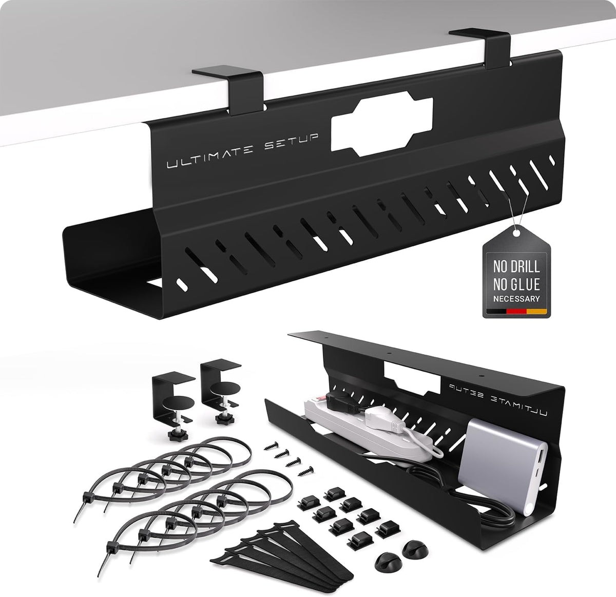 Under Desk Cable Management Tray no Drill – Wire Management - Cord Organizer – Huge Load Capacity – Under Desk Cable Tray no Drill (Black)