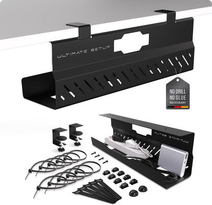 Under Desk Cable Management Tray no Drill – Wire Management - Cord Organizer – Huge Load Capacity – Under Desk Cable Tray no Drill (Black)