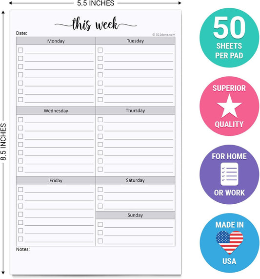 321Done Weekly Checklist Notepad, 5.5x8.5 Size Pad - 50 Tear-Off Sheets, Undated Monday-Sunday Schedule, Daily Task Planner for Home, Office & Student Use - Made in USA