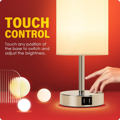 Yarra-Decor Bedside Lamps with USB Port - Touch Control Table Lamp for Bedroom Wood 3 Way Dimmable Nightstand Lamp Set of 2 with Round Flaxen Fabric Shade for Living Room, Dorm, Home Office (2 Pack)