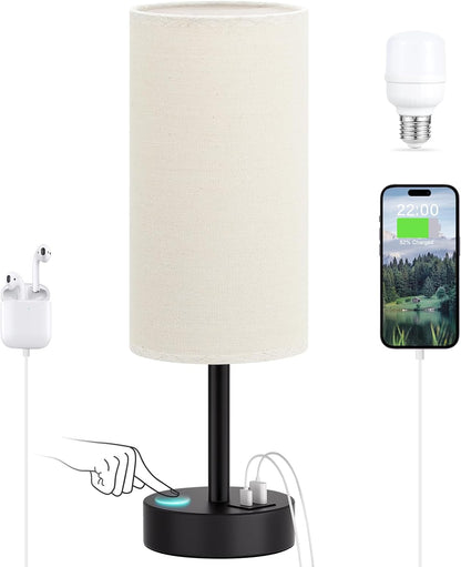 Dicoool Touch Bedside Table Lamp with USB - 3 Way Dimmable Wood Lamp for Bedroom Nightstand, Desk Lamp with Charging Station for Dorm, Living Room, Office, Kids Room, Small, 14in