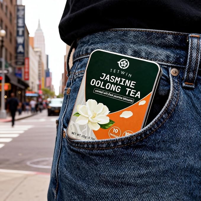 Jasmine Oolong Tea Loose Leaf, 10ct Teabags, Tie Guan Yin with 3-Round Jasmine Scenting, Plant-based tea bag, Resuable Pocket Tin