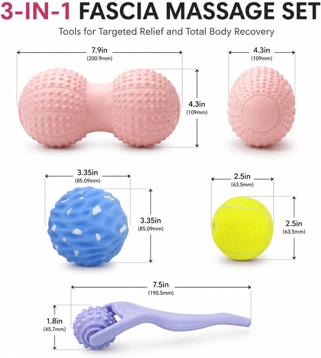 Massage Ball Set Peanut Ball 3.35"Fascia Ball for Foot Handle Ball for Back | 3 in 1 Silicone Fascia Ball Myofascial Release Kit for Plantar Fasciitis Deep Tissue Trigger Point