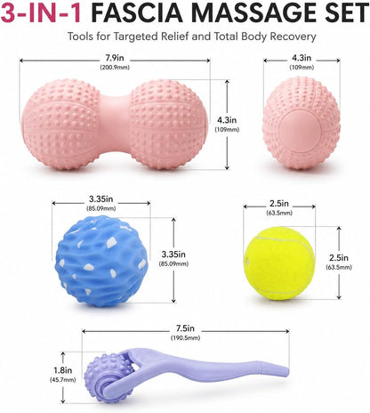Massage Ball Set Peanut Ball 3.35"Fascia Ball for Foot Handle Ball for Back | 3 in 1 Silicone Fascia Ball Myofascial Release Kit for Plantar Fasciitis Deep Tissue Trigger Point