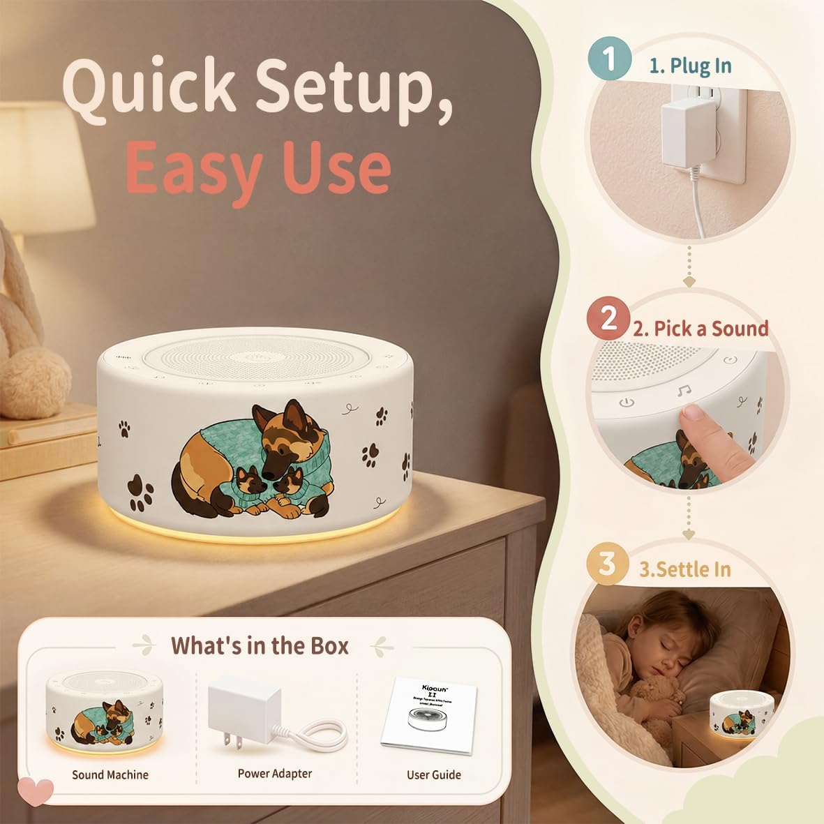 Kipcush White Noise Machine for Baby & Adults, 30 Soothing Sounds, Soft Non-Glare Nursery Lamp, 8 Color Night Lights, Memory Function (Angel V1 White, Standard)