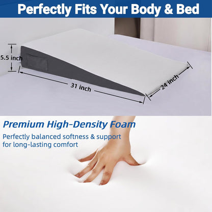 31" Extra-Long Wedge Pillow, Full Torso Support with Gentle Incline, Upper Body Elevation for Sleeping, Acid Reflux, Snoring Relief, Back Pain Relief, After Surgery, Gray