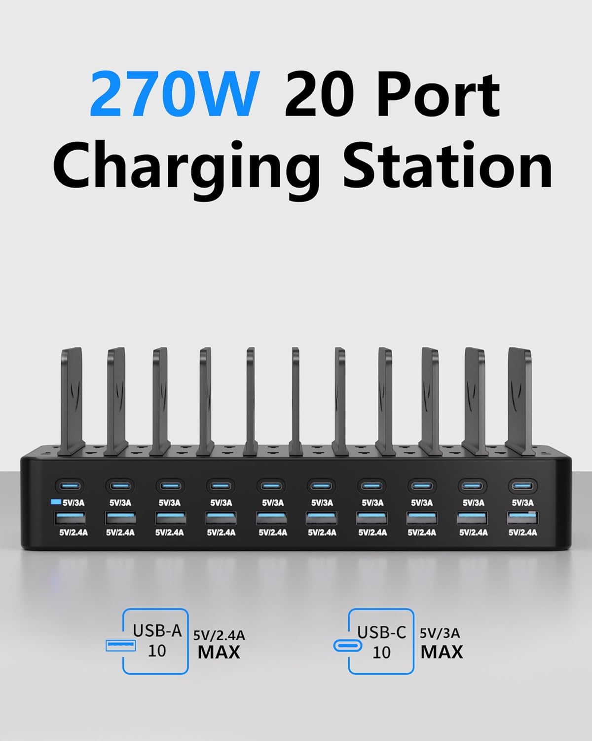 20-Port 270W Charging Station for Multiple Devices, USB Charger Station