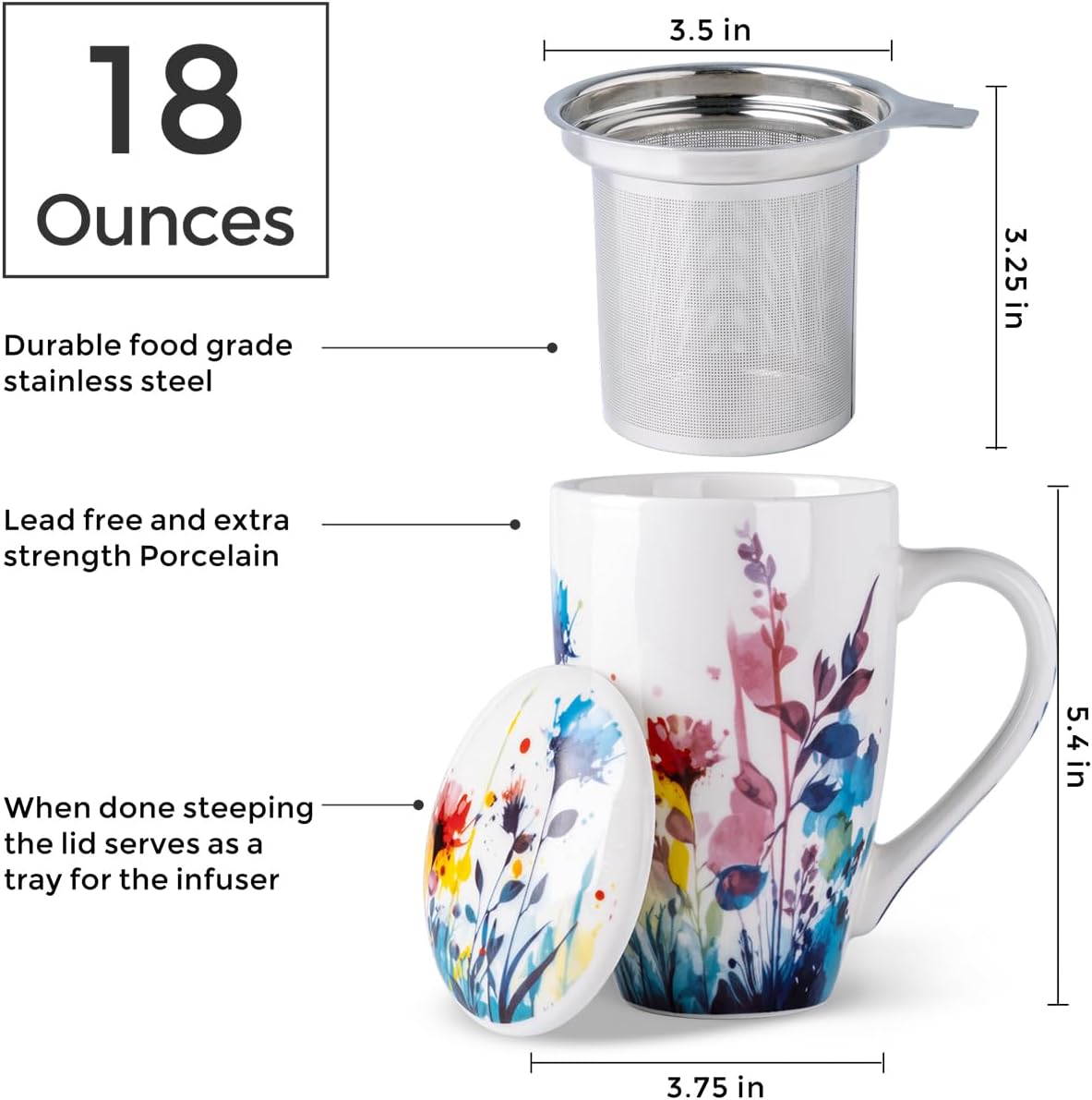 AmorArc 18oz Porcelain Tea Mug with Infuser & Lid, Loose Leaf Tea Cup with Stainless Steel Strainer, Large Coffee Mug Gift for Women, Tea Lovers, Home & Office