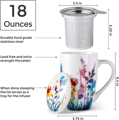 AmorArc 18oz Porcelain Tea Mug with Infuser & Lid, Loose Leaf Tea Cup with Stainless Steel Strainer, Large Coffee Mug Gift for Women, Tea Lovers, Home & Office
