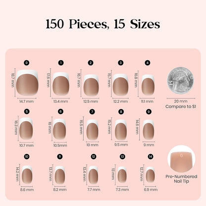 Beetles Press On Nail Kit-Short Square French Tip Press On Nails, 150Pcs Pink French Nail Tips with Nail Glue & Remover Builder Top Coat Nail Lamp, All-in-One DIY Fake Nails Gift for Women