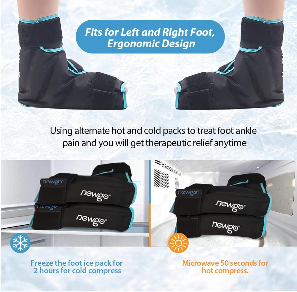 NEWGO Foot Ice Pack Wrap for Plantar Fasciitis Relief, 360° Full Coverage Reusable Gel Ice Boot for Heel & Ankle Pain, Cold Compression for Swelling, Achilles Tendonitis & Ankle Sprain- Black