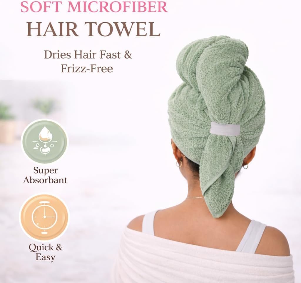 Luxury Microfiber Hair Towel Wrap for Women - Quick Dry, Super Absorbent Hair Turban, Soft & Lightweight Anti-Frizz Towel for Long, Thick & Curly Hair (Sage Green, 48" × 24")