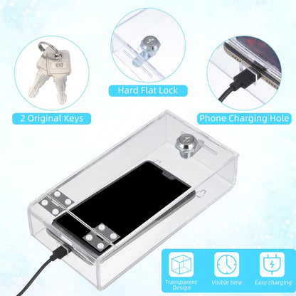 STOBOK Cell Phone Locker Box, Clear Acrylic Phone Jail Lock Box with 2 Keys, Self-Control Transparent Storage Container with Charging Port for Classroom Home Office Use