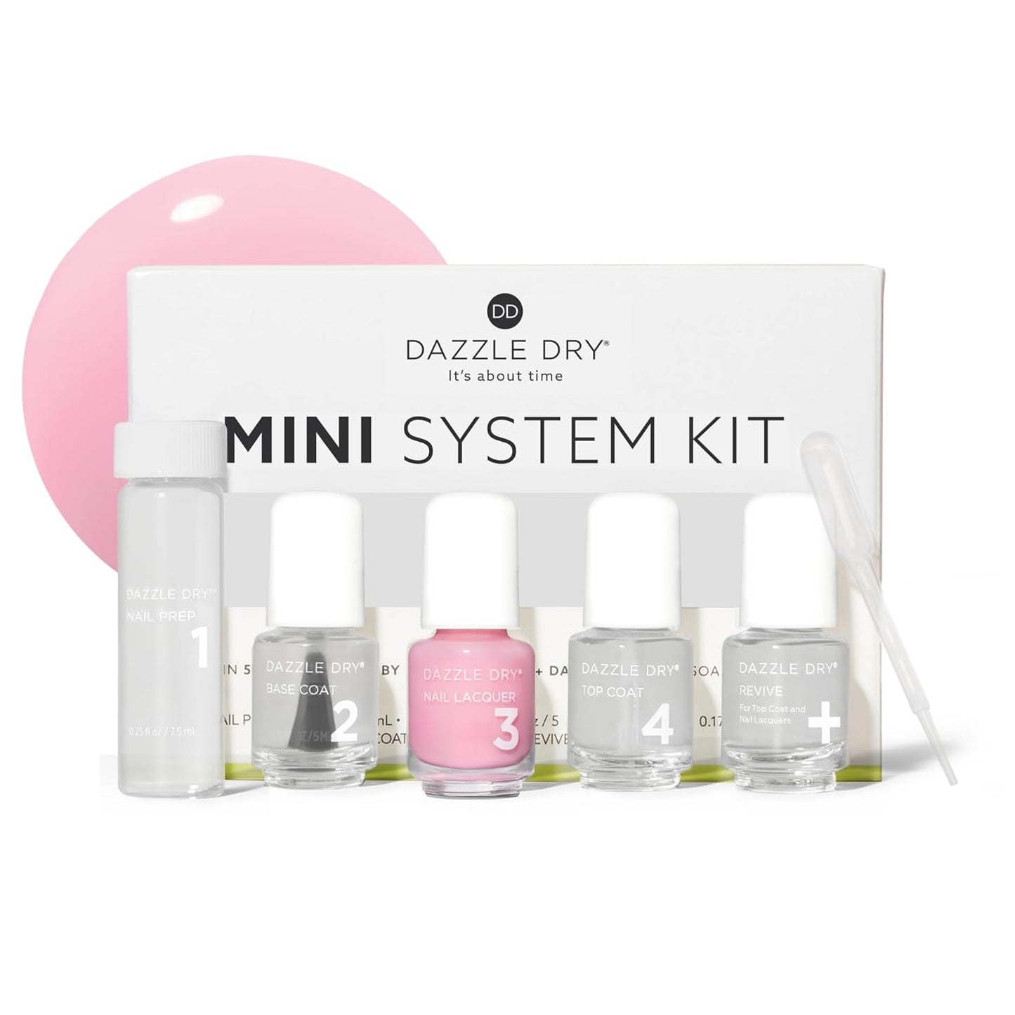 Dazzle Dry Mini Kit 4 Step System - Prima Ballerina, a sheer and milky delicate pink that makes a beautiful French base. (5 Piece Kit / 5 Manicures)