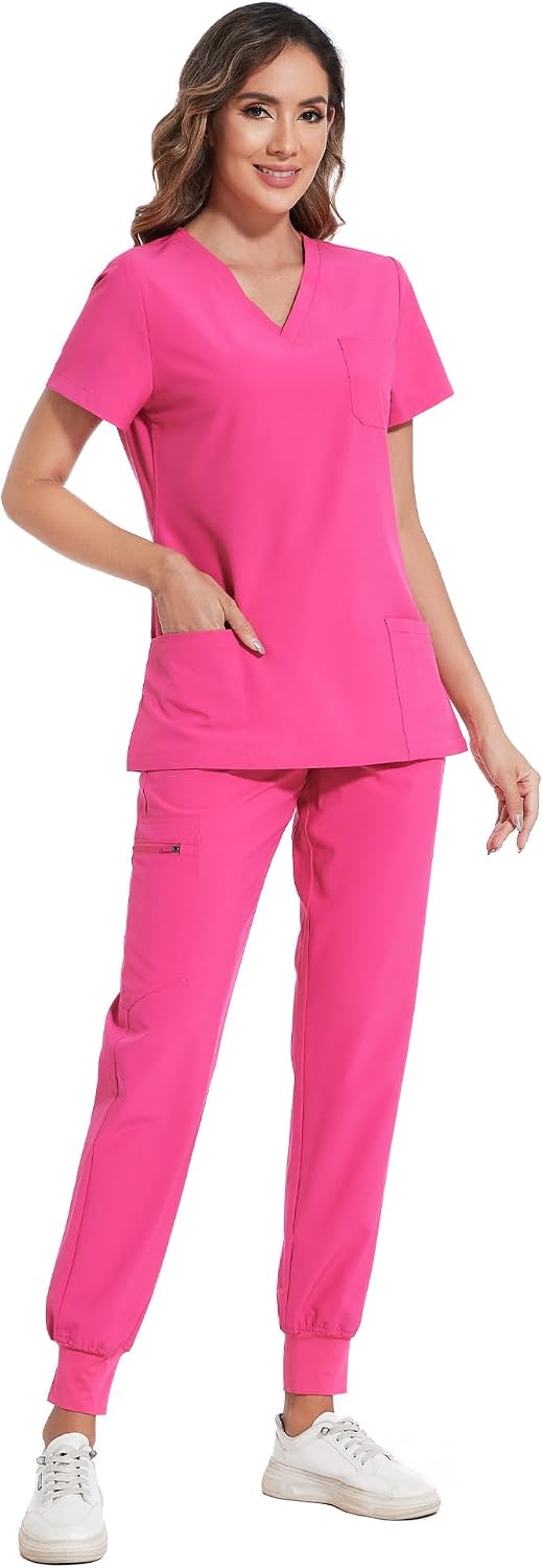 COZYFIT Scrubs for Women Set - Stretch V-Neck Scrub Top & Jogger Pant with 8 Pockets COZY SCRUBS - Colors B