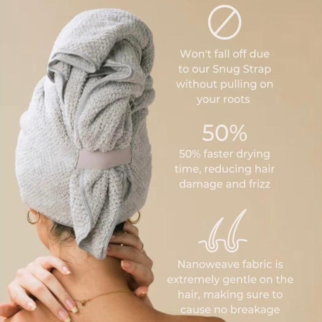 VOLO Hero Hair Towel – Ultra Soft Nanoweave™ Microfiber, Super Absorbent Quick Dry, Reduces Dry Time 50%, Anti-Frizz & Breakage, Secure Snug Strap, Large Wrap for All Hair Types - Luna Gray