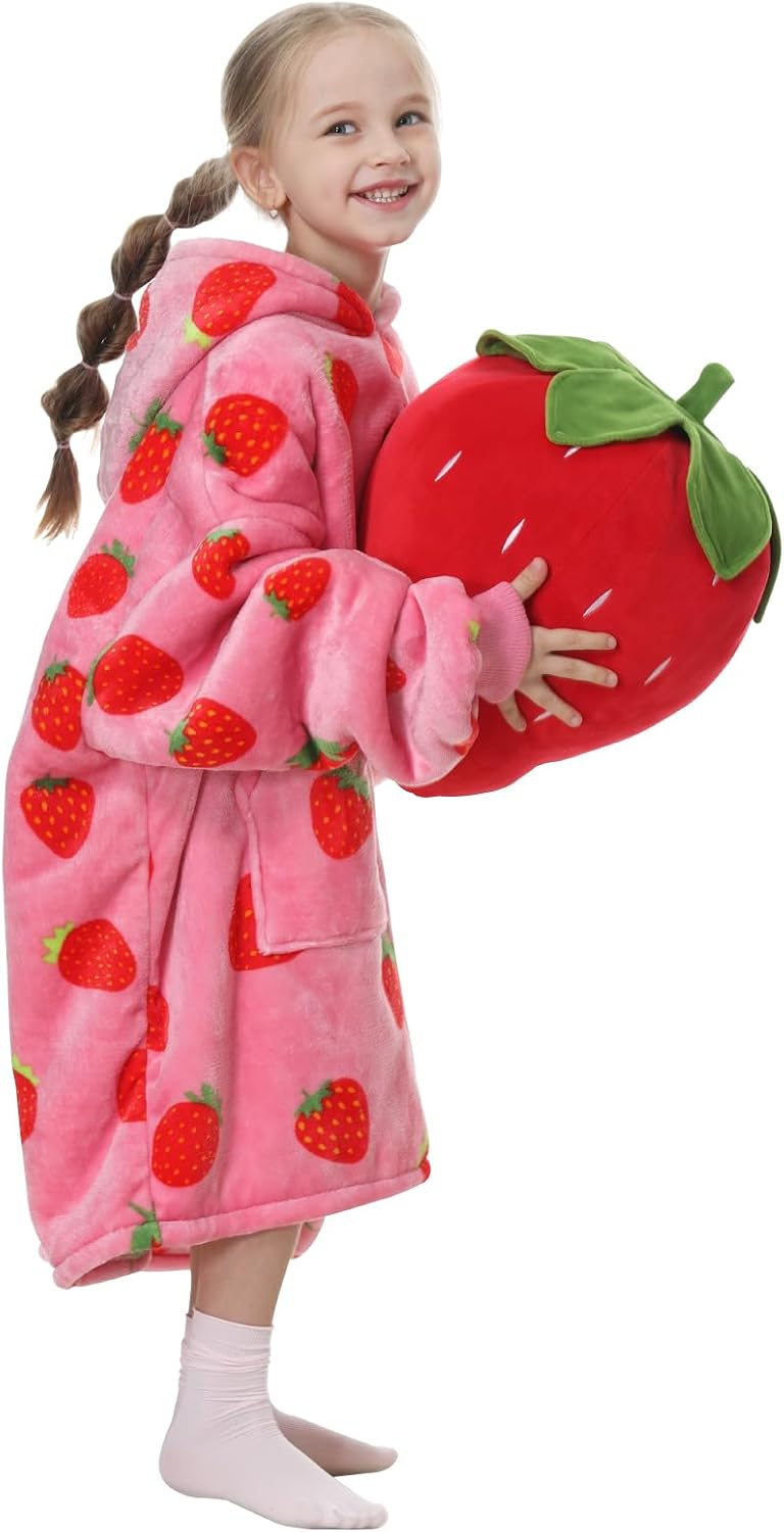 Aemicion Strawberry Blanket Hoodie,Oversized Sherpa Wearable Hooded Blanket,Warm Cozy Sweatshirt Gifts for Women Girls Adult