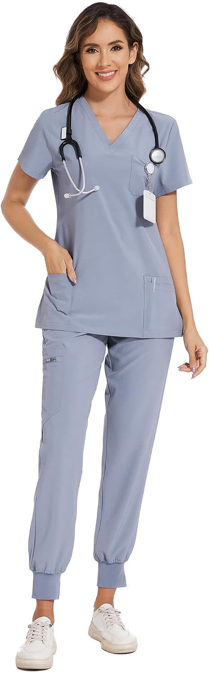 COZYFIT Scrubs for Women Set - Stretch V-Neck Scrub Top & Jogger Pant with 8 Pockets COZY SCRUBS - Colors A