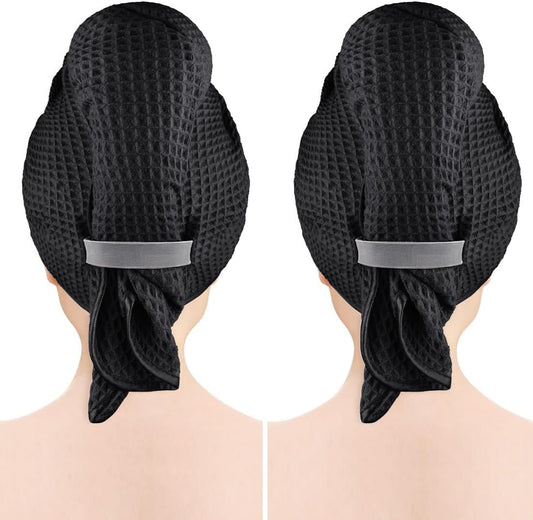 GLIMGLINT 2 Pack Black Microfiber Hair Towel Wrap for Long, Thick, Curly Hair, Super Soft, Fast Drying Waffle Hair Towel Wrap with Elastic Strap 40"X26.5"