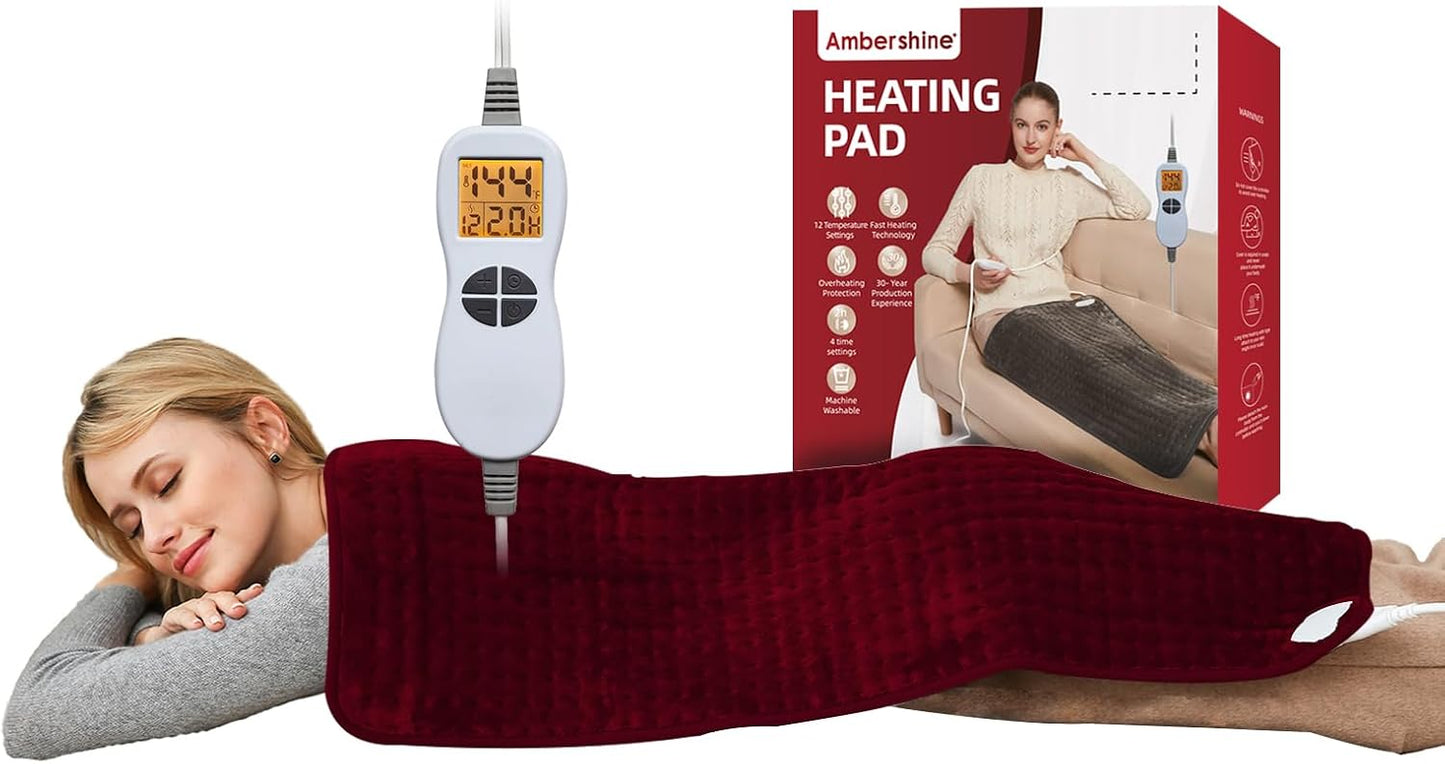 Ambershine 17''x33'' XXXL King Size Heating Pad with 12 Temperature Settings & 4 Auto-Off Countdown Timers, Pain Relief for Back/Neck/Shoulders/Abdomen/Legs(Dark Teal)