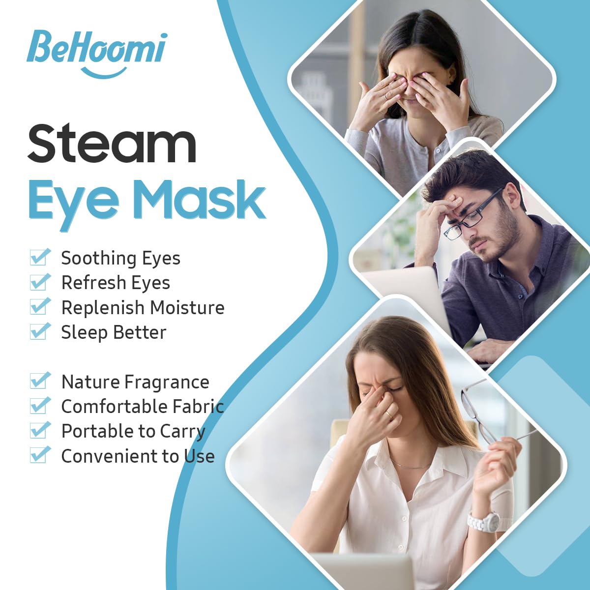 BeHoomi Steam Eye Mask, 10Packs Heated Eye Mask, Self Heating Disposable SPA Warm Compress for Eyes Sleep Mask, Travel Essentials & Relaxation Gifts for Women (Unscented)